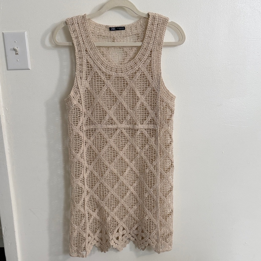 Zara Tan Crochet Sleeveless Swimsuit Coverup Mini Dress
